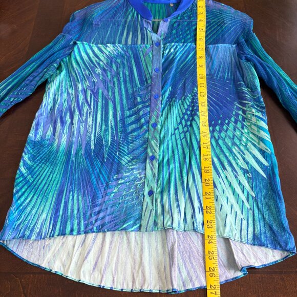 Elie Tahari Blue Green Palm Leaf Silk Sheer Button Down Blouse Womens Sz M - Picture 6 of 7